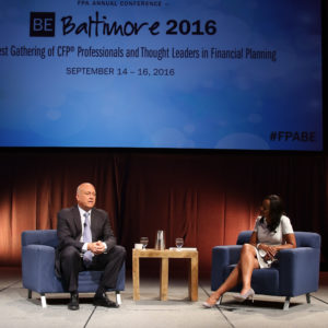 CNB's Sharon Epperson interviews baseball great Cal Ripken Jr. during the opening general session at the FPA Annual Conference